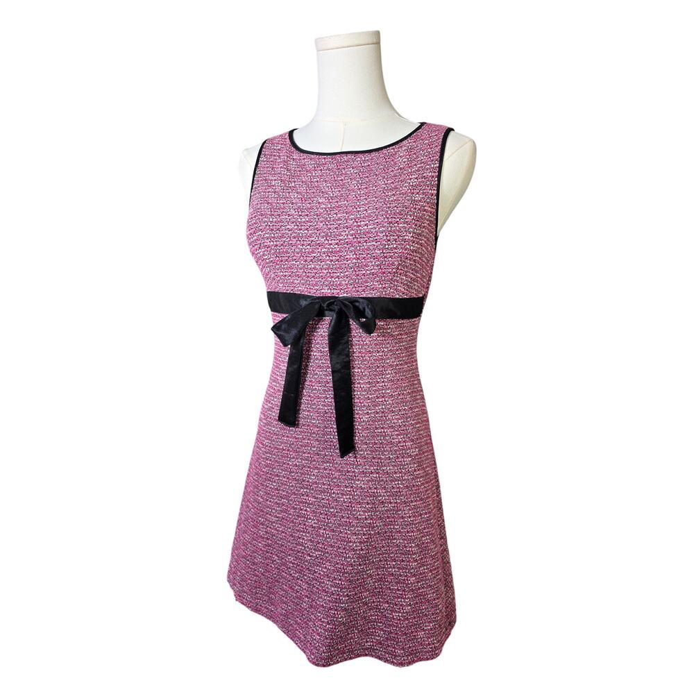 AQUA BLUES VINTAGE Pink Tweet Texture Front Bow Bk-Zipper Mini Dress